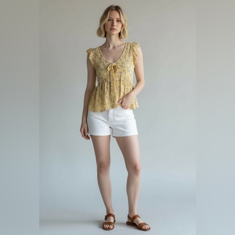 Kingston Grey Yellow Floral Babydoll Top Sleeveless Size S NWT
